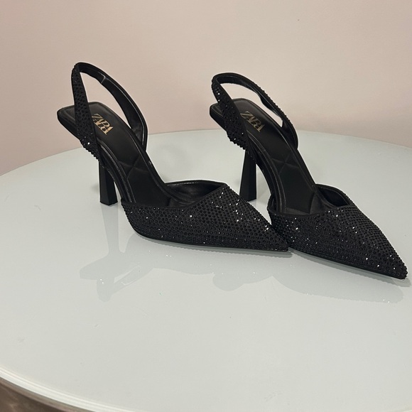 Zara Black Shimmery Slingback Heels Pointed Toe Pumps Size EU 37 (US 6.5-7) - Picture 2 of 9